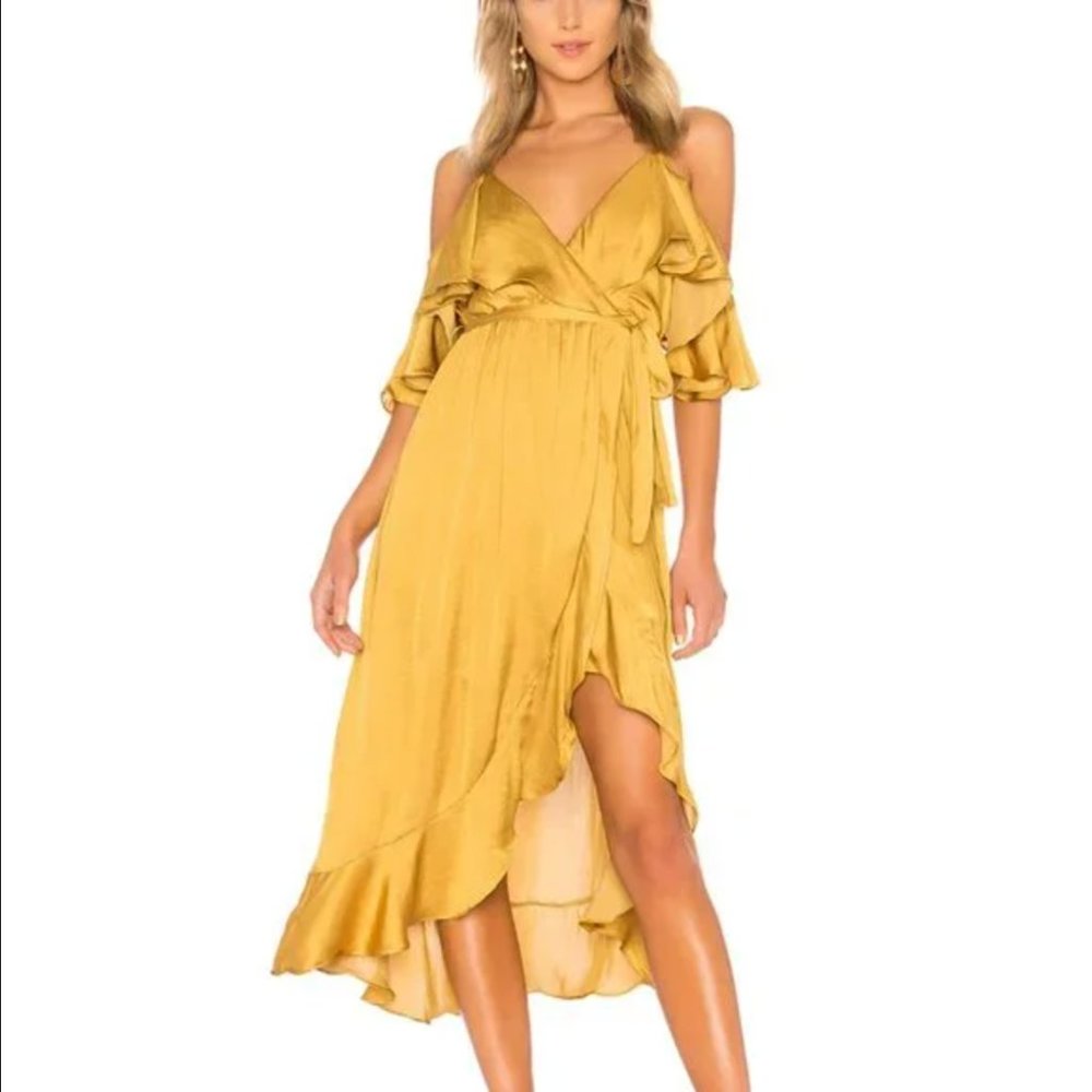 NWT Revolve Bardot Gold Bea Wrap Dress - Size US Medium/8